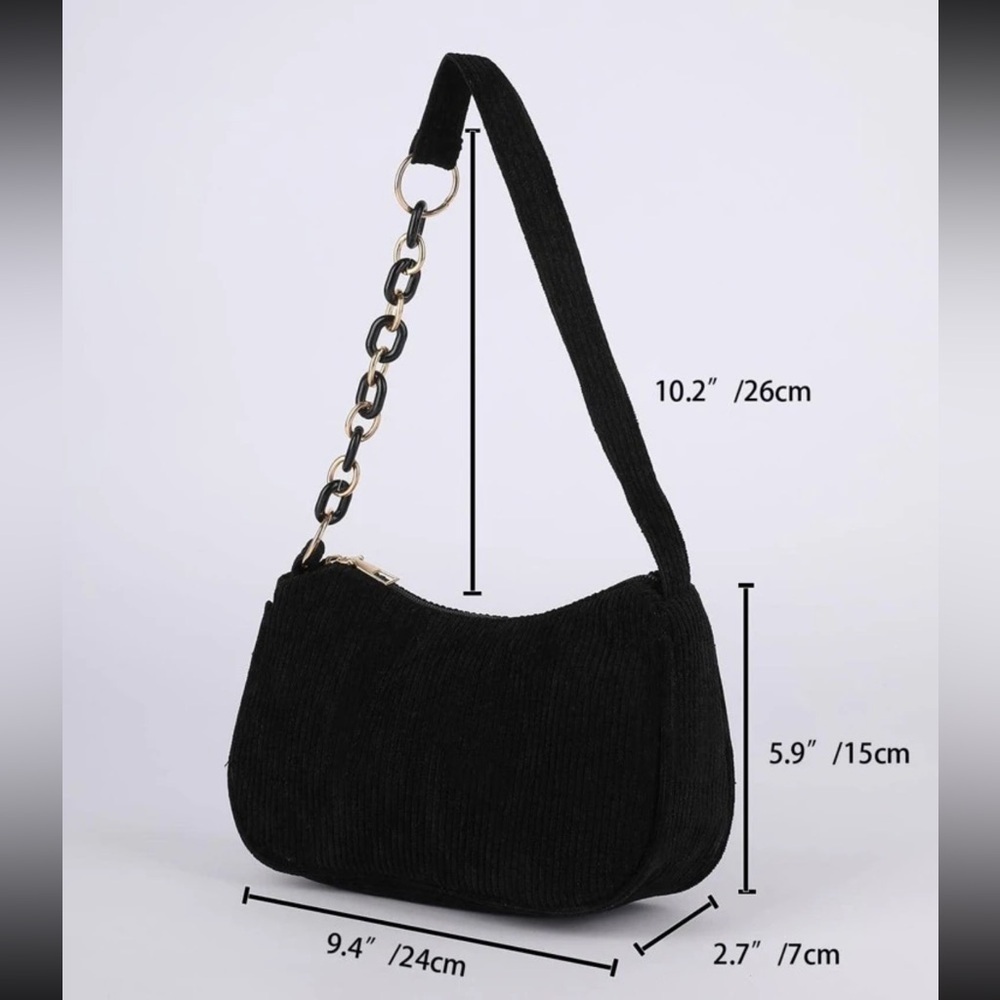 Black Corduroy Velvet Shoulder Bag withChain Strap Detail + Gold Hardware NWOT - Picture 5 of 8
